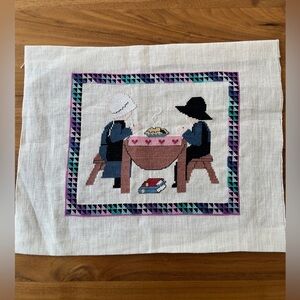 HAND MADE Cross Stitch Completed Picture Unframed Amish Boy & Girl Table Prayer